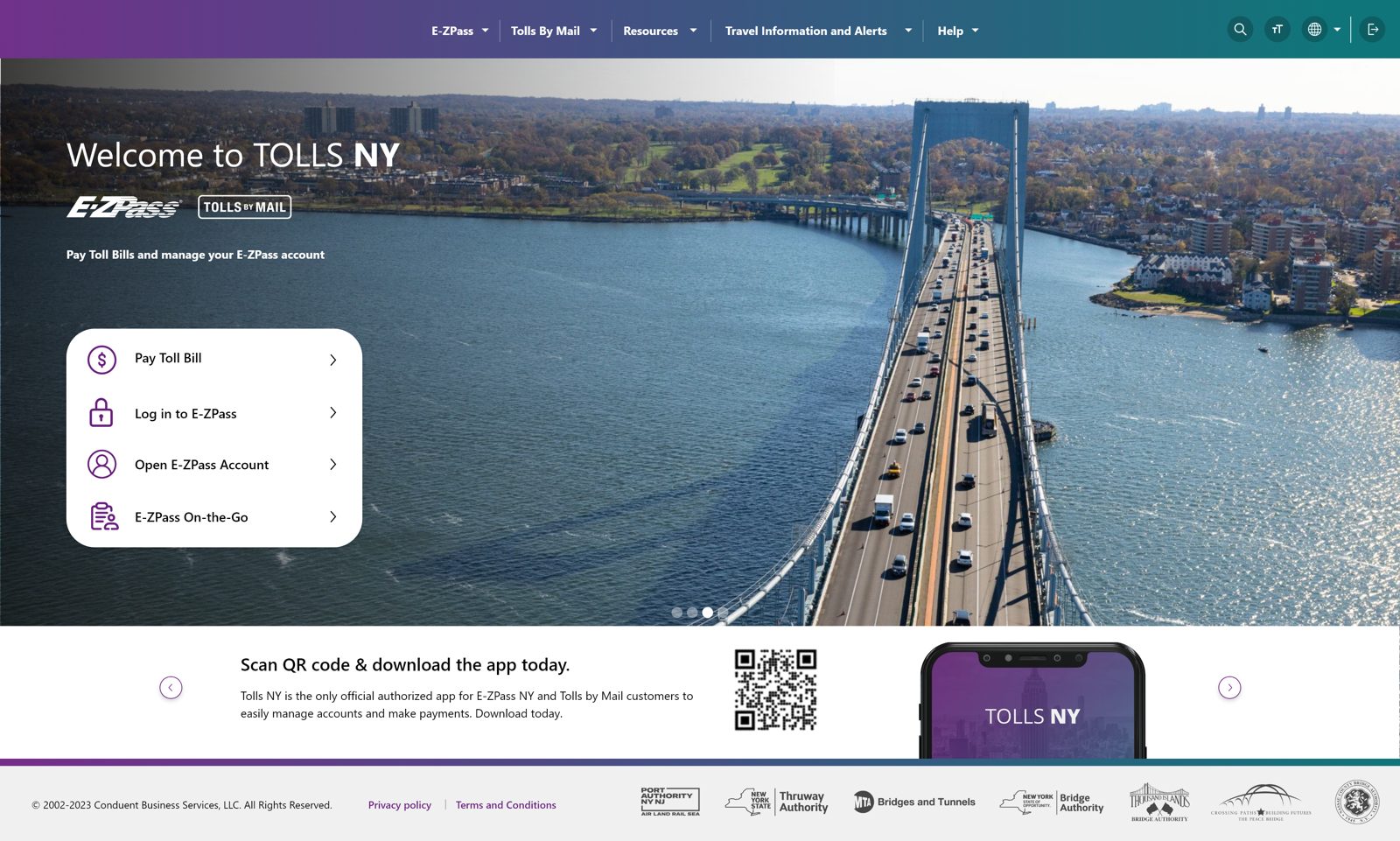 Redesigned E-ZPass Tolls NY homepage