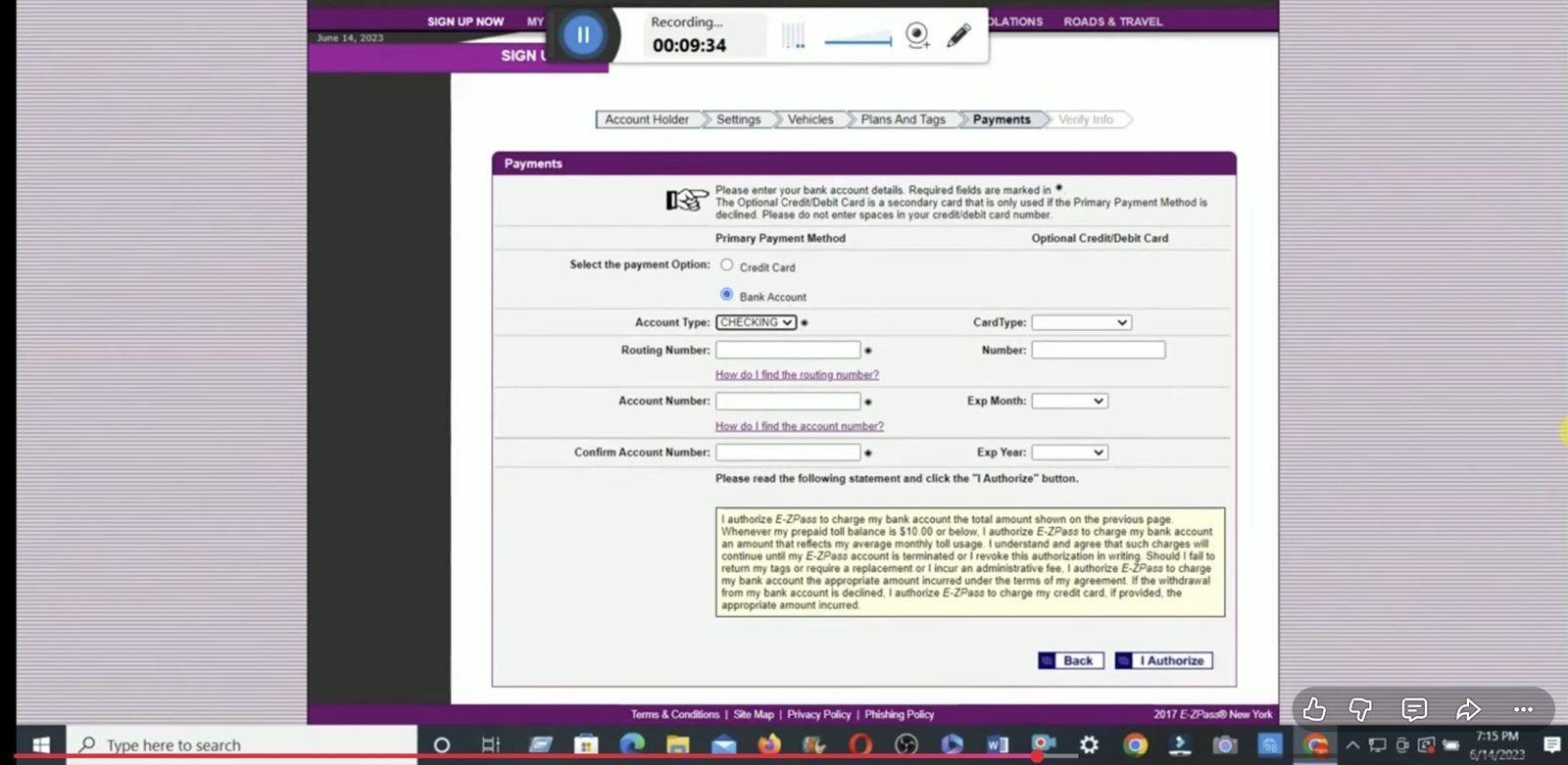 Legacy bank account form