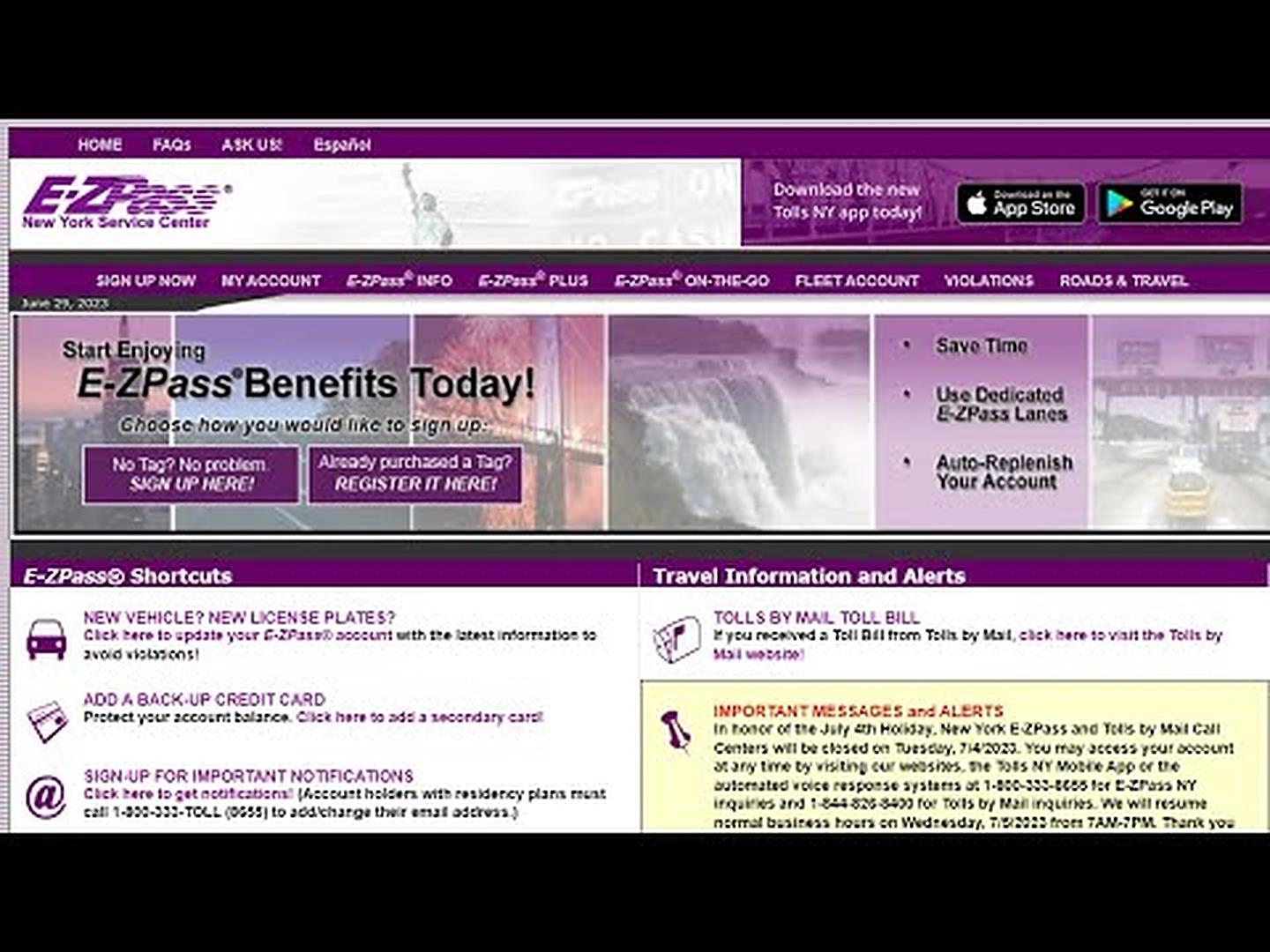 Legacy E-ZPass homepage