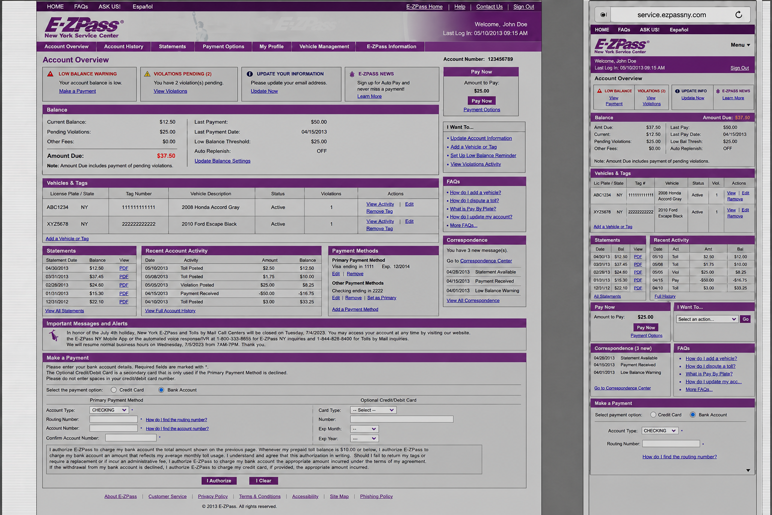 High-fidelity reconstruction of a dense legacy E-ZPass dashboard on desktop and squeezed into a mobile viewport