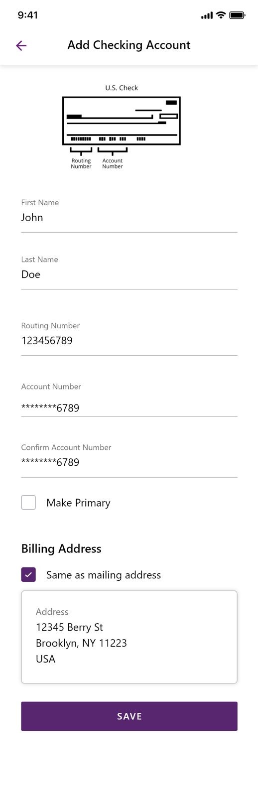 Add Checking Account, filled