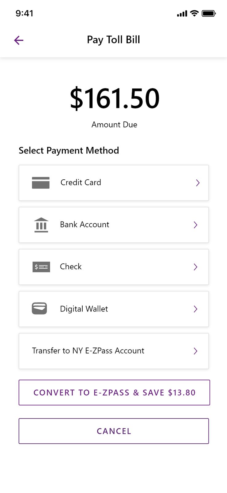 Pay Toll Bill, amount due