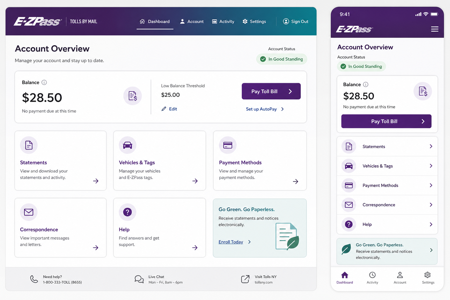 High-fidelity reconstruction of the redesigned E-ZPass dashboard on desktop and intentionally responsive mobile